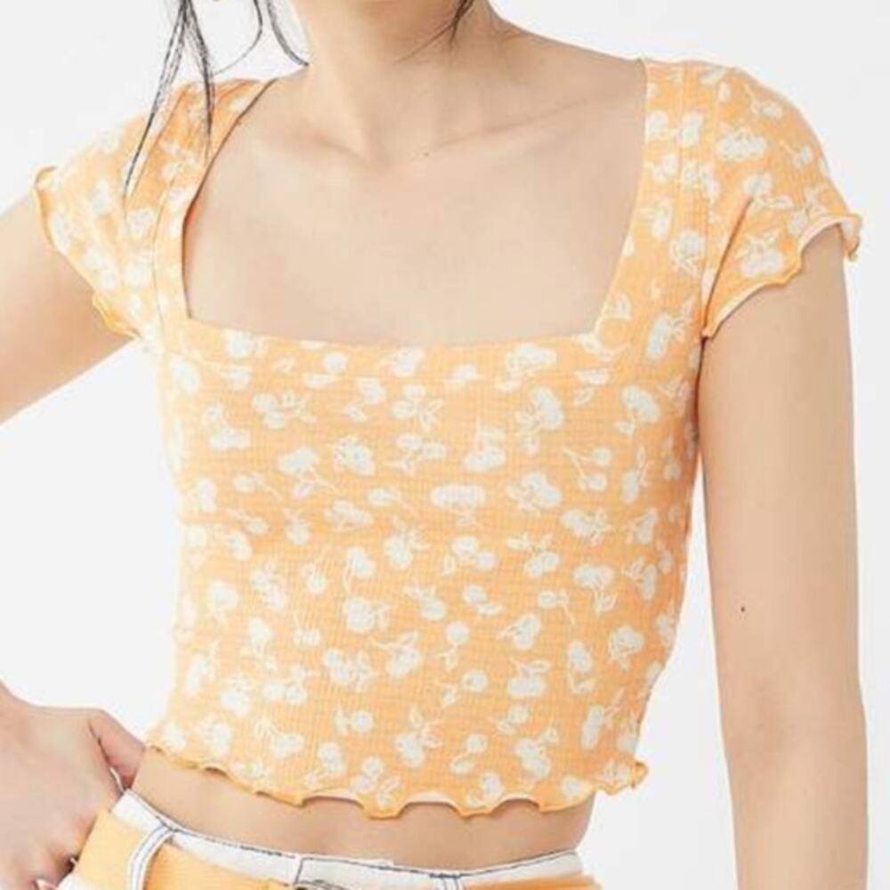 Urban Outfitters Coral Cherry Short Sleeve Ribbed Knit Lettuce Crop Top Size S